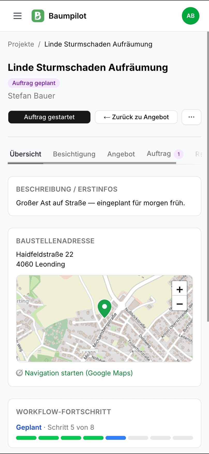 Baumpilot Projekt-Ansicht für den Trupp auf dem Handy